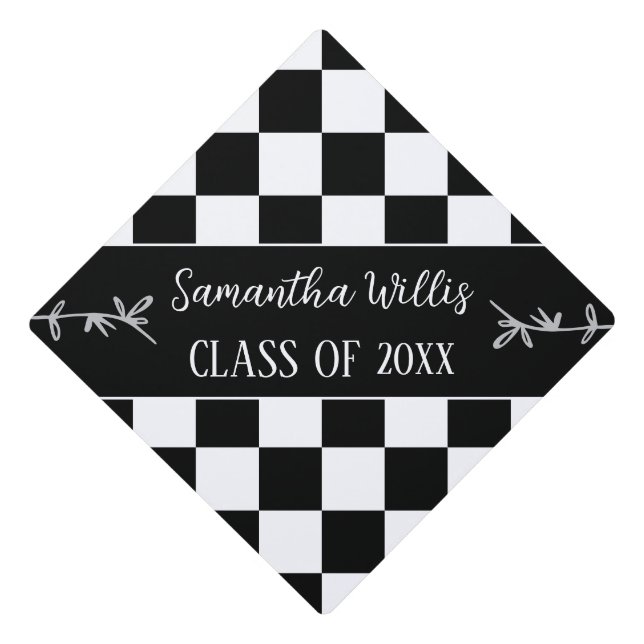 Checkered squares Black White retro Custom name Graduation Cap Topper (Front)