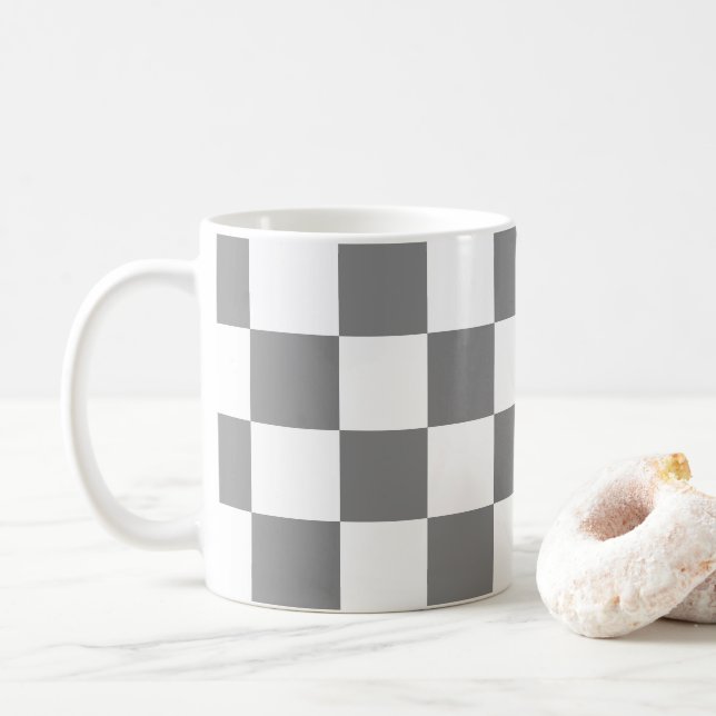 Checkered squares Gray and White geometric retro Coffee Mug (With Donut)