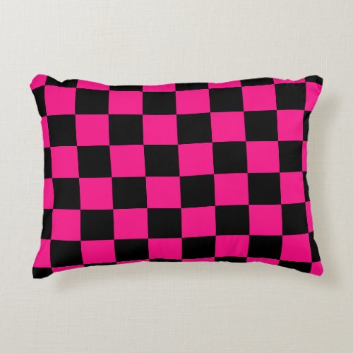 Checkered squares hot pink black geometric retro accent pillow