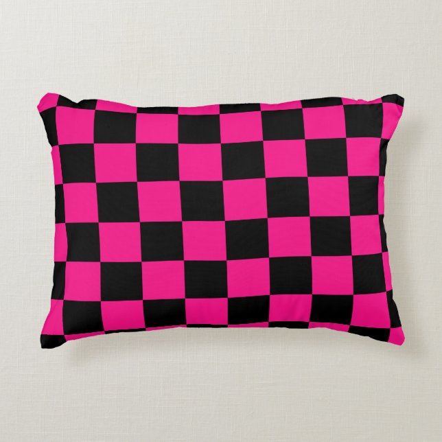 Checkered squares hot pink black geometric retro accent pillow (Front)
