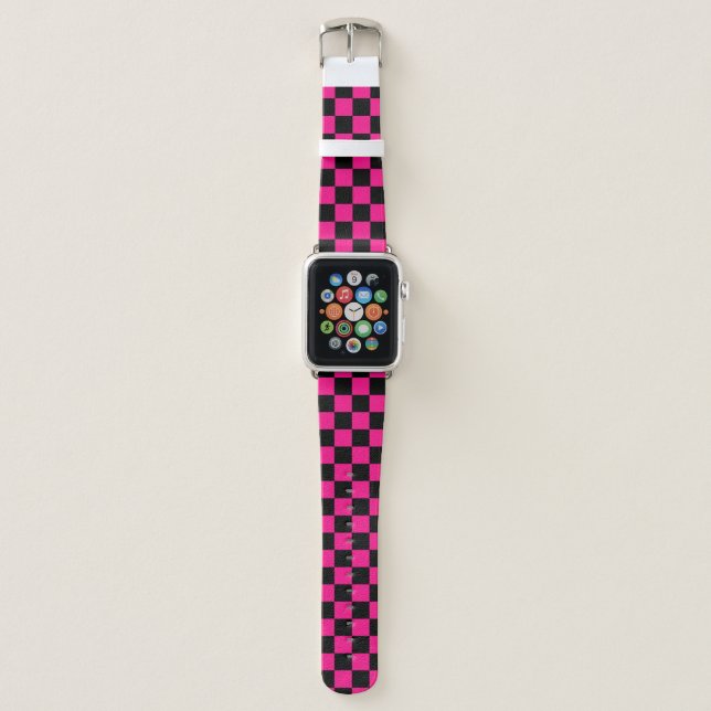 Checkered squares hot pink black geometric retro apple watch band (Front)