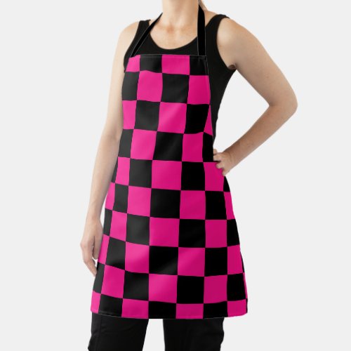 Checkered squares hot pink black geometric retro apron