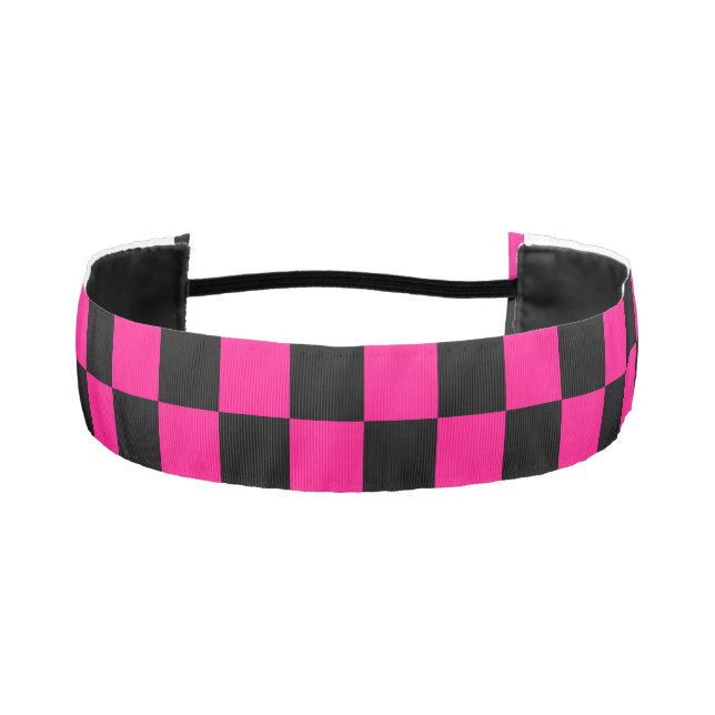 Checkered squares hot pink black geometric retro athletic headband (Front)