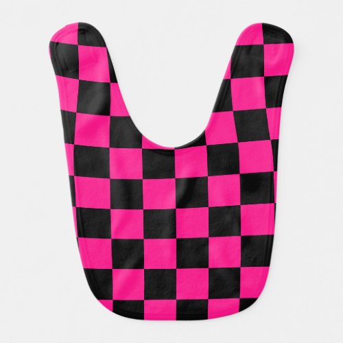 Checkered squares hot pink black geometric retro baby bib