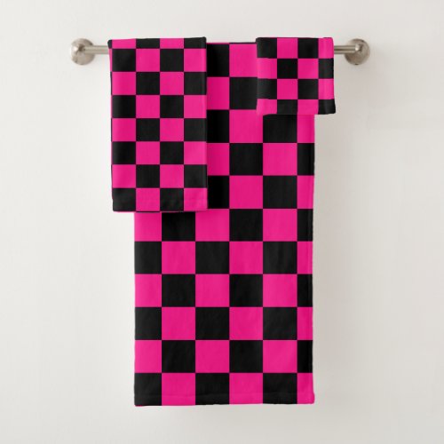 Checkered squares hot pink black geometric retro bath towel set