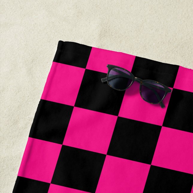 Checkered squares hot pink black geometric retro beach towel (In Situ)