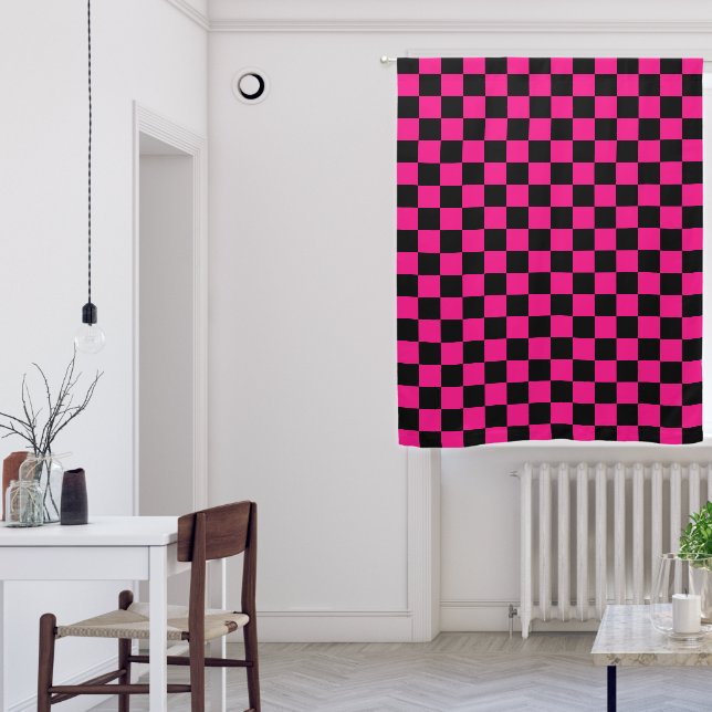 Checkered squares hot pink black geometric retro blackout curtains (Living Room)