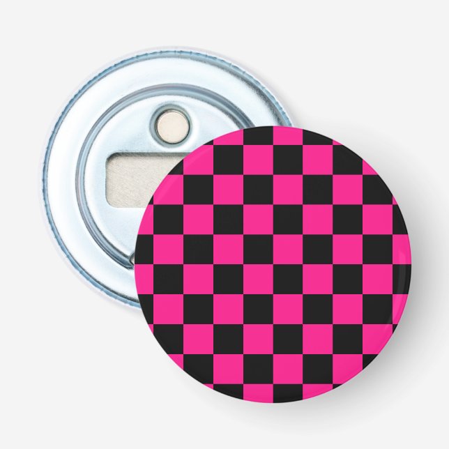 Checkered squares hot pink black geometric retro bottle opener (Front)