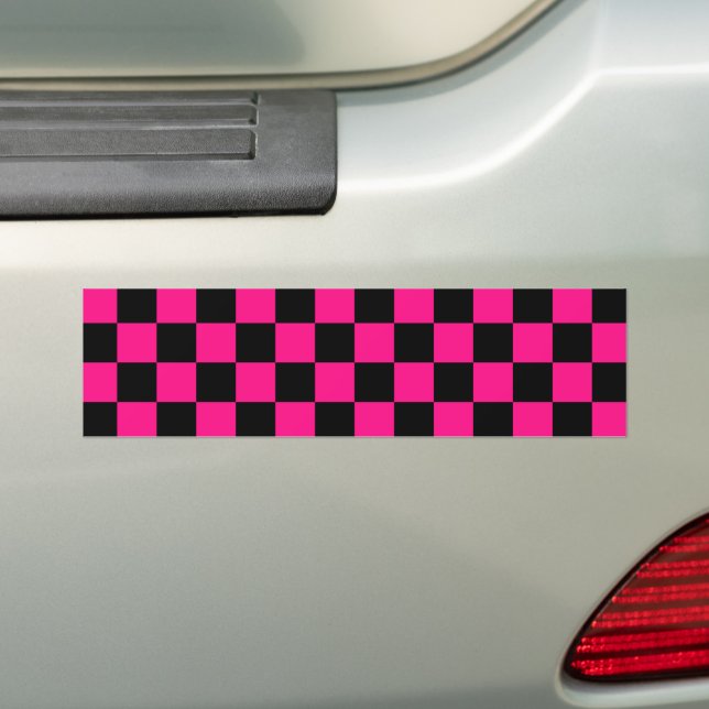 Checkered squares hot pink black geometric retro bumper sticker (On Car)
