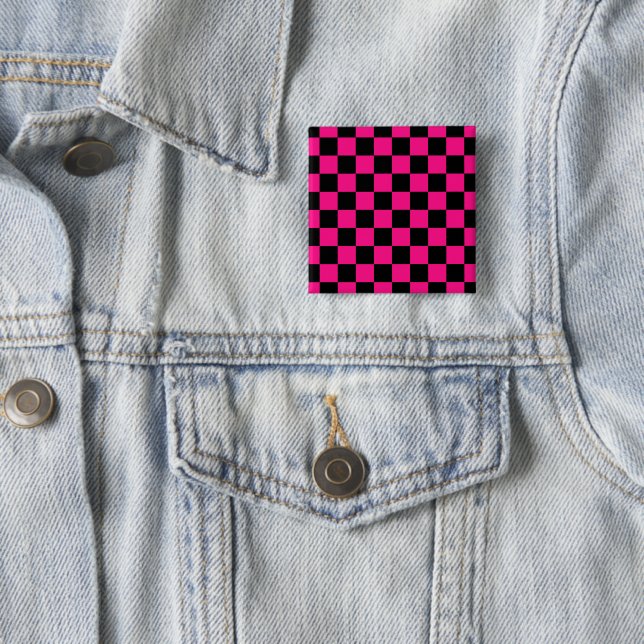 Checkered squares hot pink black geometric retro button (In Situ)