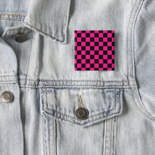Checkered squares hot pink black geometric retro button