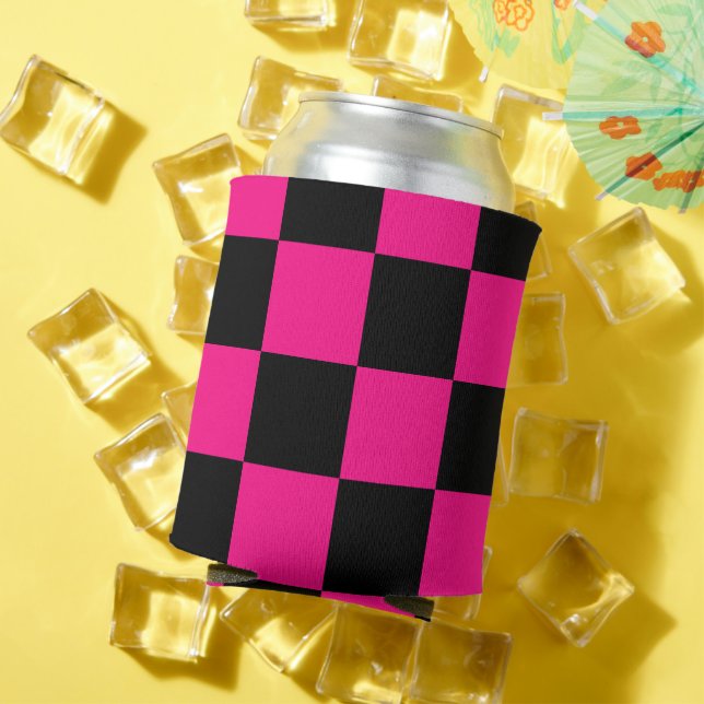 Checkered squares hot pink black geometric retro can cooler (In Situ Summer)