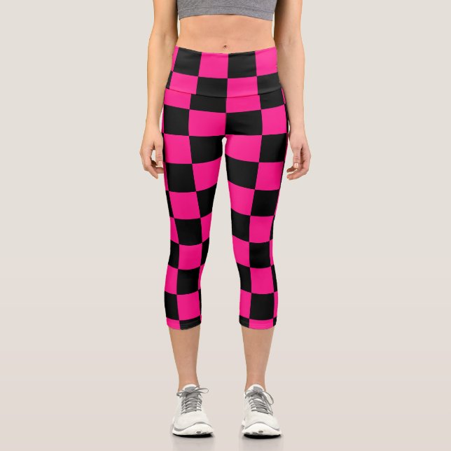 Checkered squares hot pink black geometric retro capri leggings (Front)
