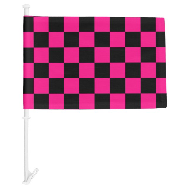 Checkered squares hot pink black geometric retro car flag (Front)