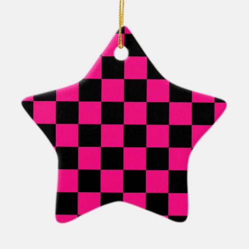 Checkered squares hot pink black geometric retro ceramic ornament
