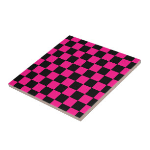 Checkered squares hot pink black geometric retro ceramic tile