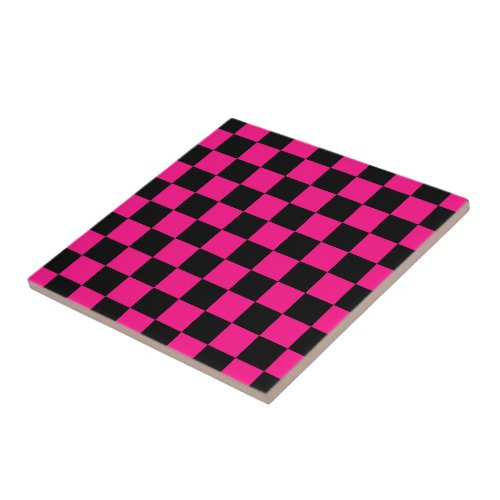 Checkered squares hot pink black geometric retro ceramic tile
