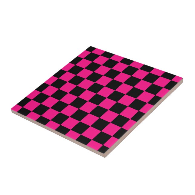 Checkered squares hot pink black geometric retro ceramic tile (Side)