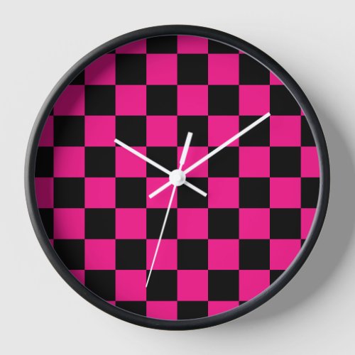 Checkered squares hot pink black geometric retro clock