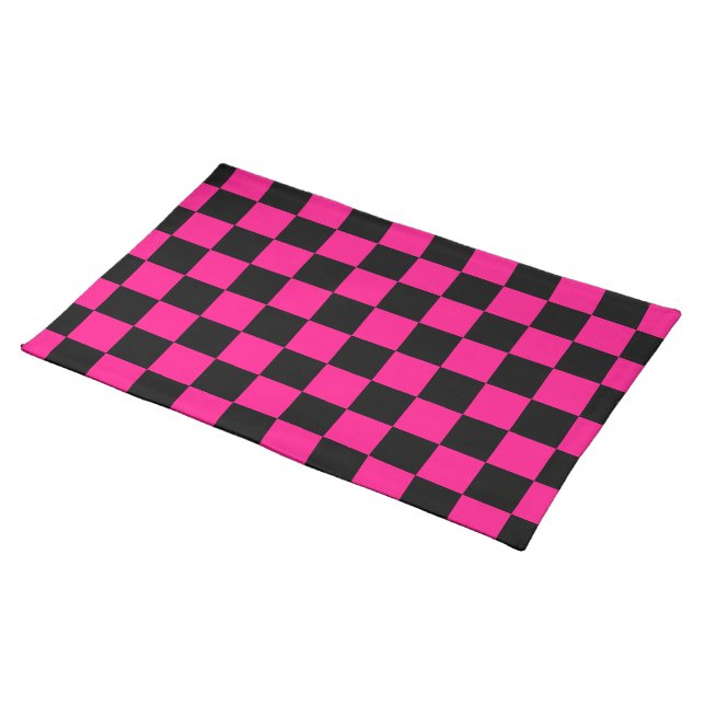 Checkered squares hot pink black geometric retro cloth placemat (On Table)