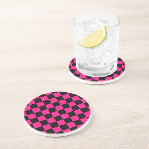 Checkered squares hot pink black geometric retro coaster