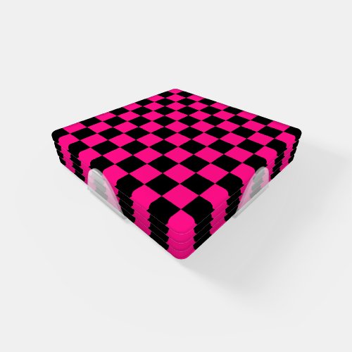 Checkered squares hot pink black geometric retro coaster set