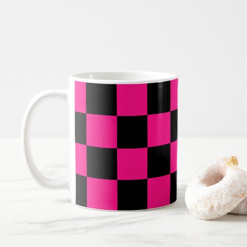 Checkered squares hot pink black geometric retro coffee mug