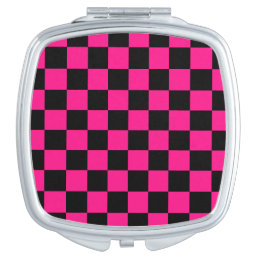 Checkered squares hot pink black geometric retro compact mirror
