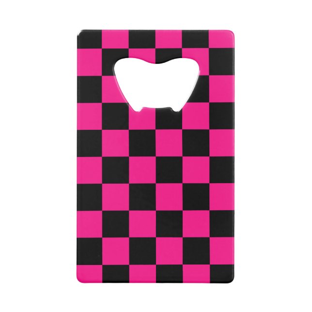 Checkered squares hot pink black geometric retro credit card bottle opener (Front)
