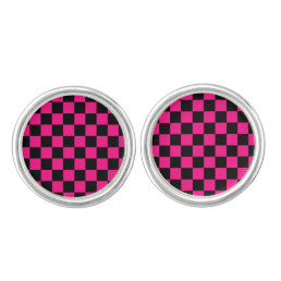 Checkered squares hot pink black geometric retro cufflinks