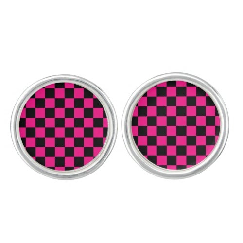 Checkered squares hot pink black geometric retro cufflinks