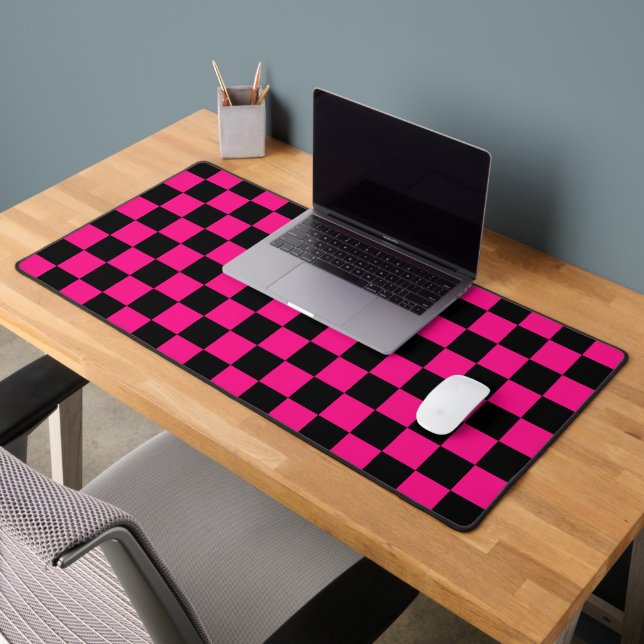 Checkered squares hot pink black geometric retro desk mat (Office 2)
