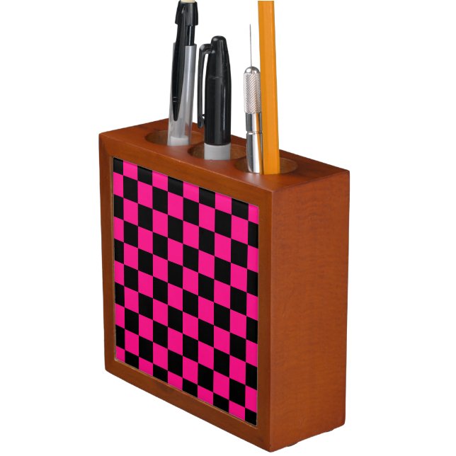 Checkered squares hot pink black geometric retro desk organizer (In Situ)