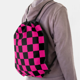 Checkered squares hot pink black geometric retro drawstring bag