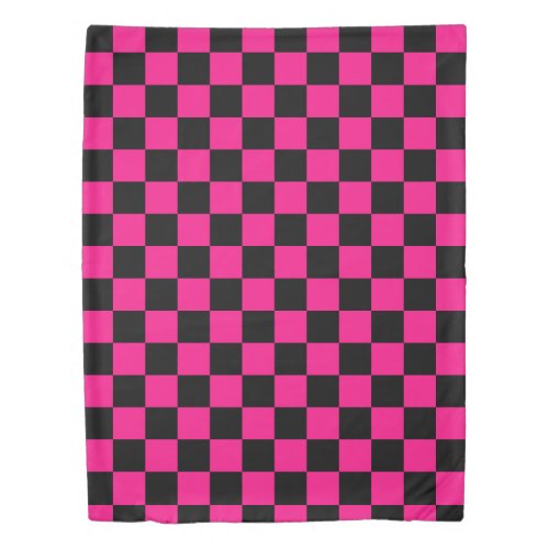 Checkered squares hot pink black geometric retro duvet cover