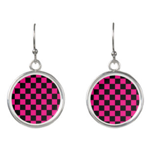 Checkered squares hot pink black geometric retro earrings