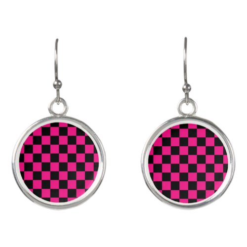 Checkered squares hot pink black geometric retro earrings