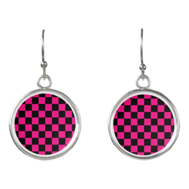 Checkered squares hot pink black geometric retro earrings (Front)