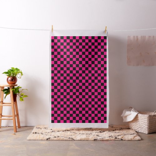 Checkered squares hot pink black geometric retro fabric