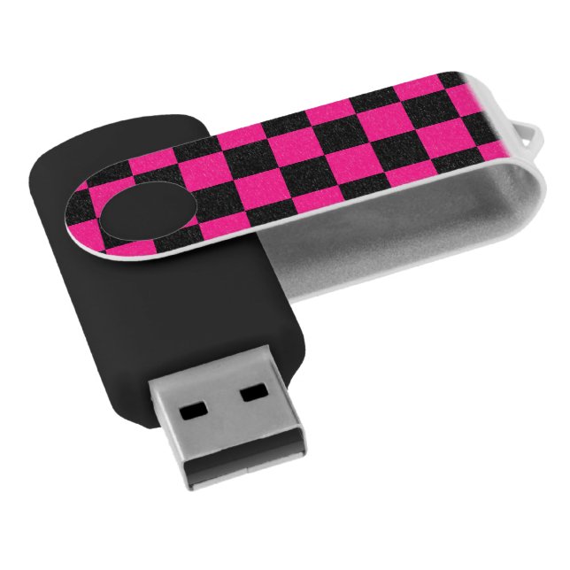 Checkered squares hot pink black geometric retro flash drive (Angled)