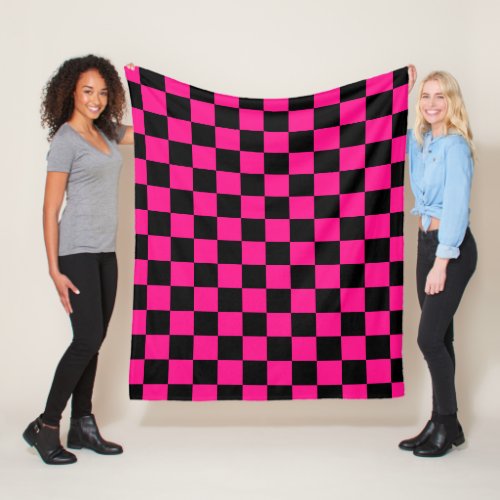 Checkered squares hot pink black geometric retro fleece blanket