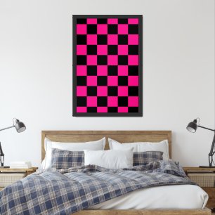 Checkered squares hot pink black geometric retro framed art