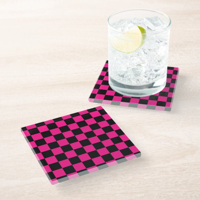 Checkered squares hot pink black geometric retro glass coaster (Angled)