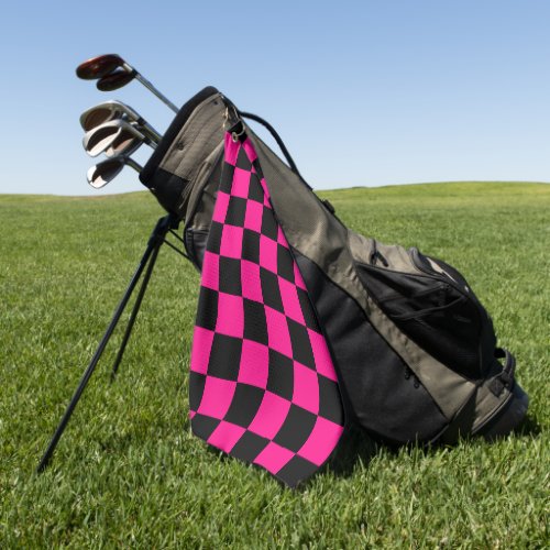 Checkered squares hot pink black geometric retro golf towel