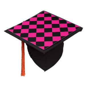 Checkered squares hot pink black geometric retro graduation cap topper