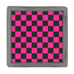 Checkered squares hot pink black geometric retro gunmetal finish lapel pin
