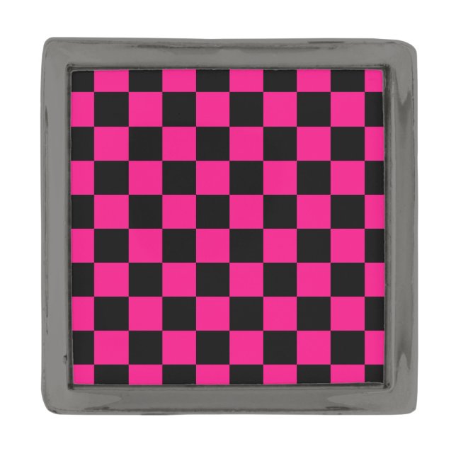 Checkered squares hot pink black geometric retro gunmetal finish lapel pin (Front)