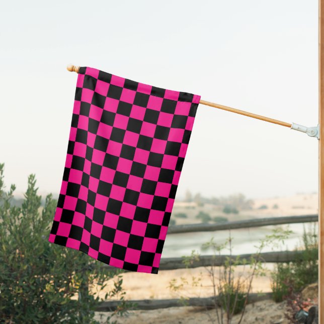 Checkered squares hot pink black geometric retro house flag (Insitu (Back))
