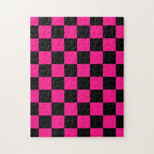 Checkered squares hot pink black geometric retro jigsaw puzzle