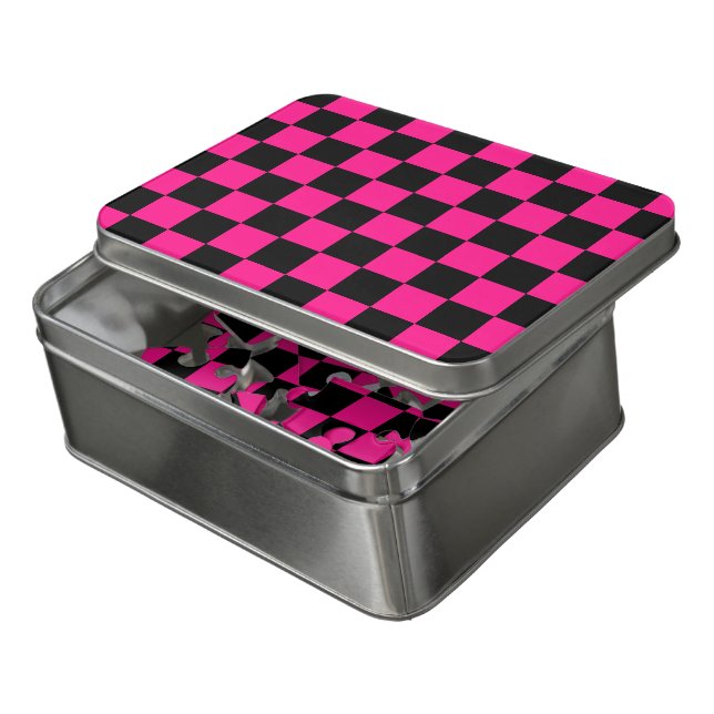 Checkered squares hot pink black geometric retro jigsaw puzzle (Lid Open)